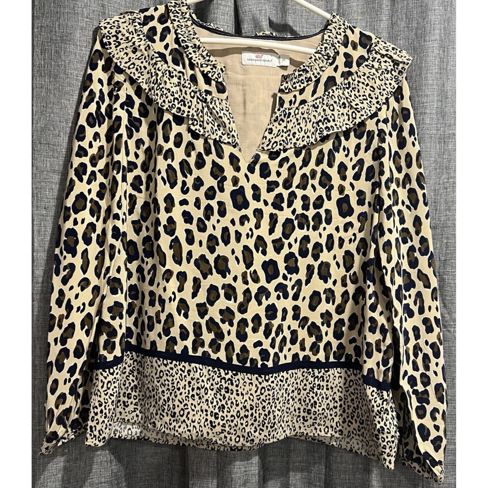 Vineyard Vines Borderline Ruffle Lined Long Sleeve Blouse Women XS EUC Cheetah